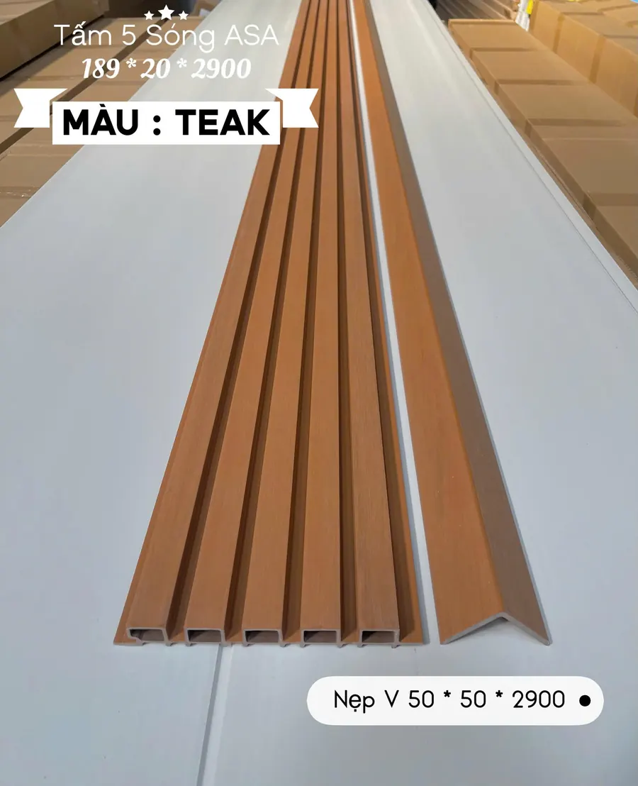 Tấm lam 5 sóng ngoài trời phủ ASA Teak Tấm lam 5 sóng ngoài trời phủ ASA Teak 189x20x2900mm